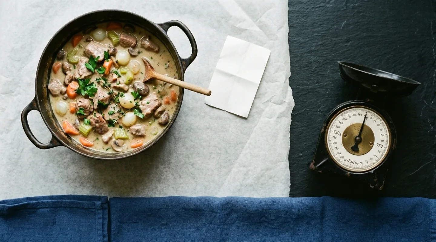 Cocotte de blanquette et étiquette de prix sur un plan de travail, la cuisine de bistrot chiffrée