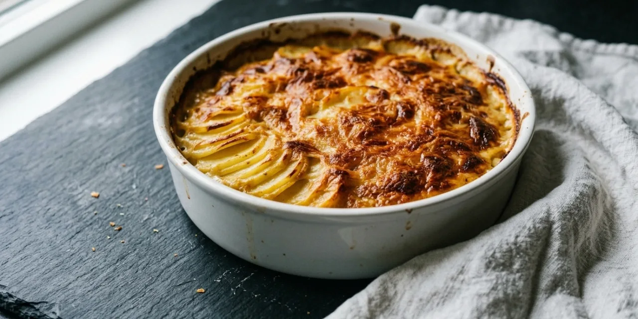 Gratin dauphinois doré dans son plat, tranches fines visibles au bord