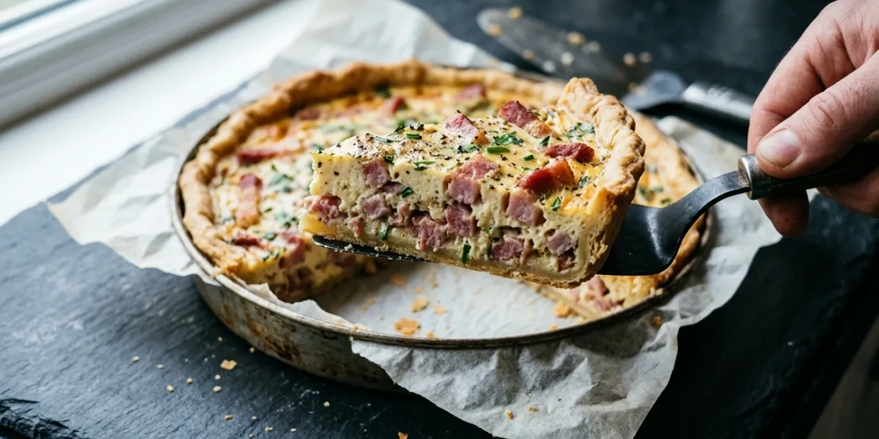 Part de quiche lorraine coupée, appareil pris et lardons visibles